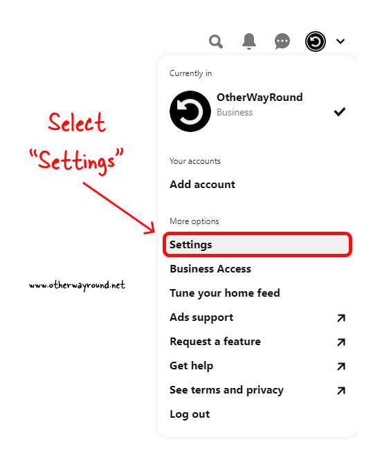 Select "Settings". How to Change Pinterest Business Account Back to Personal - Web App