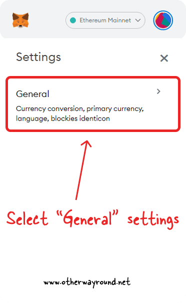 Open "General" settings-metamask change language