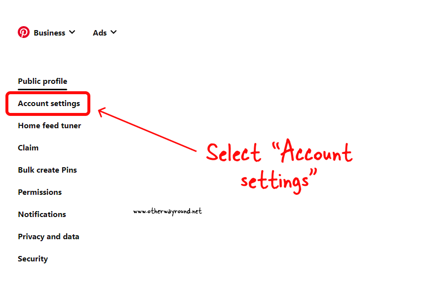 Select "Account settings". How to Change Pinterest Business Account Back to Personal - Web App