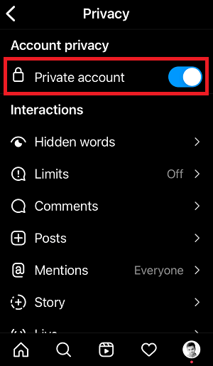 Instagram account private