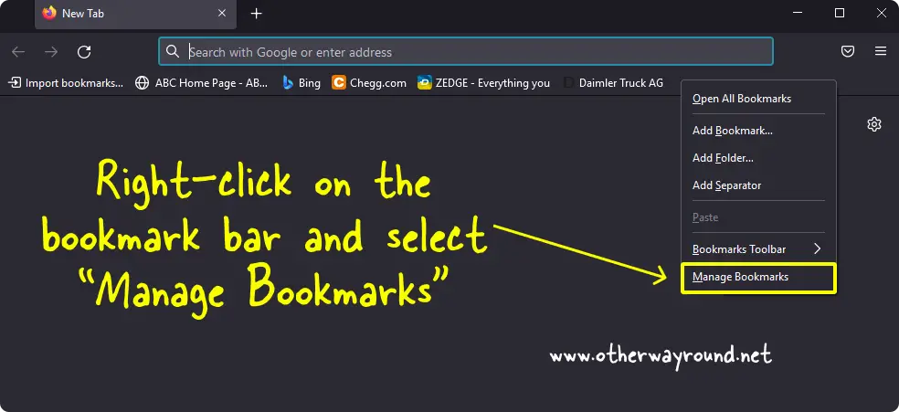 Right-click on the bookmark bar and select "Manage Bookmarks". How To Alphabetize Firefox Bookmarks Step-1