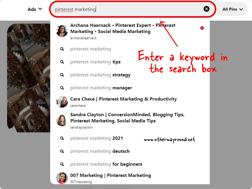 Enter a keyword in the search box. How To Find Group Boards On Pinterest Method-2 Step-1