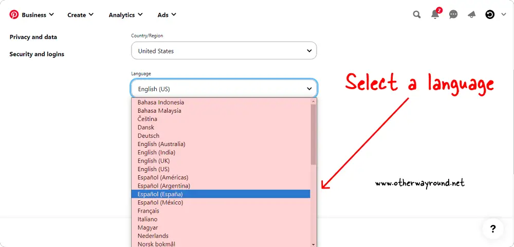How To Change Language On Pinterest Step-3
