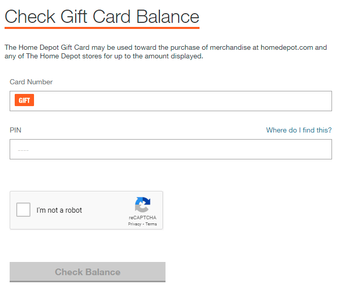 Home Depot Gift Card balance checker tool.