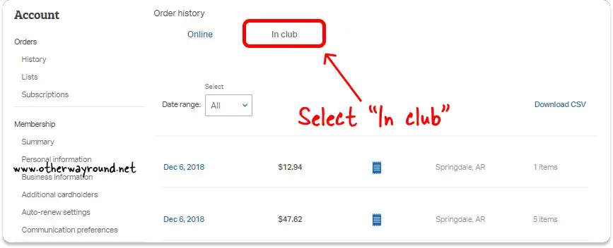look up your in-club purchase receipts