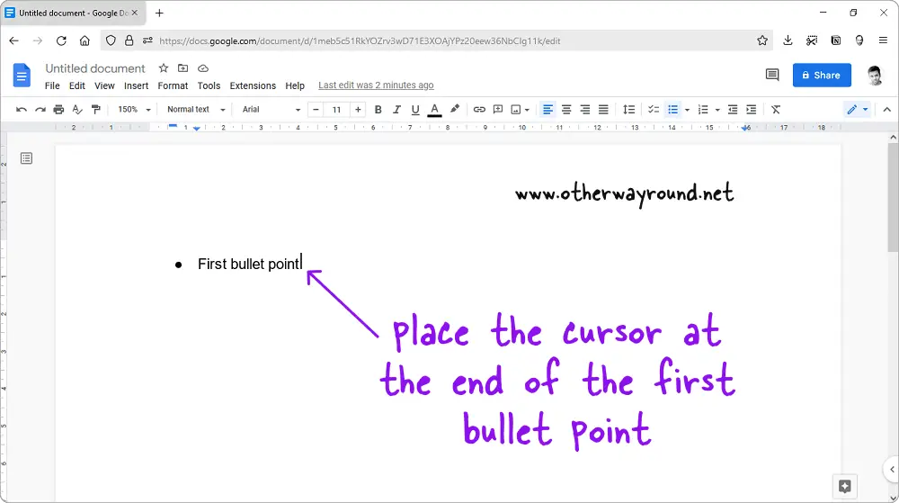How to Make a Sub Bullet in Google Docs Step-1